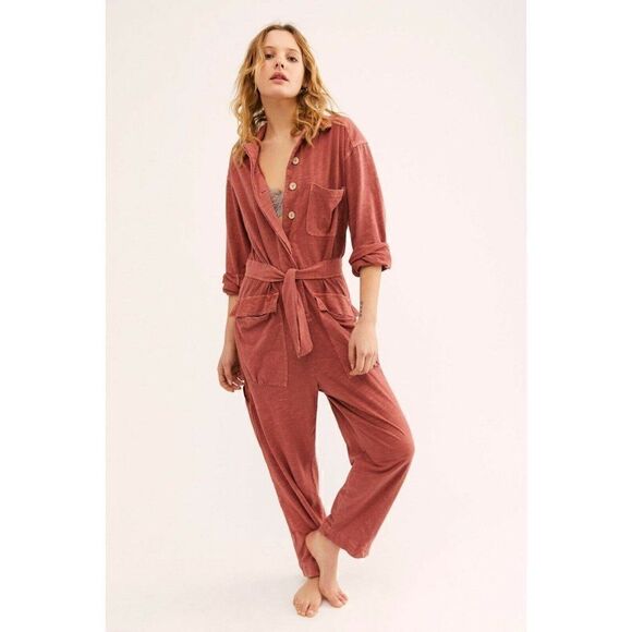 NEW FREE PEOPLE MORE LIKE THIS BELTED ONE PIECE JUMPSUIT JUMPER TERRACOTTA - Picture 1 of 4